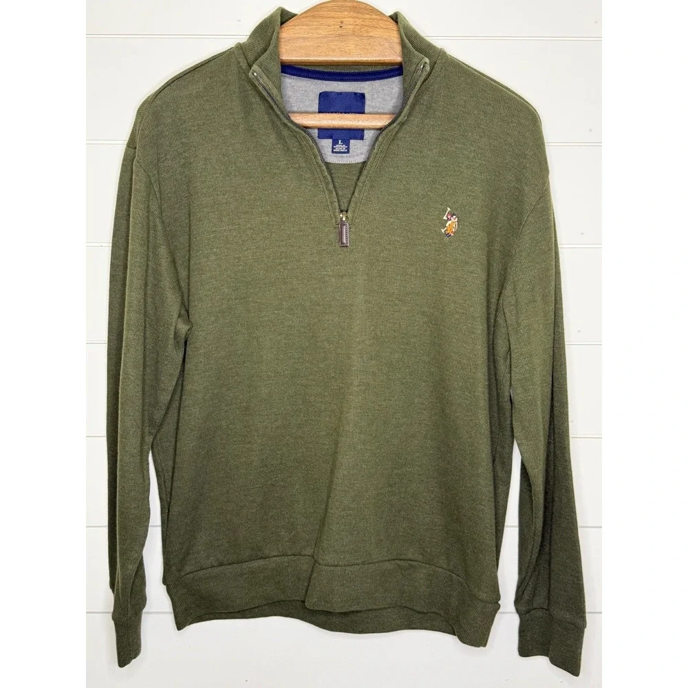 US Polo Assn Mens Large Olive Green Heather Quarter Zip Pullover Sweater Logo